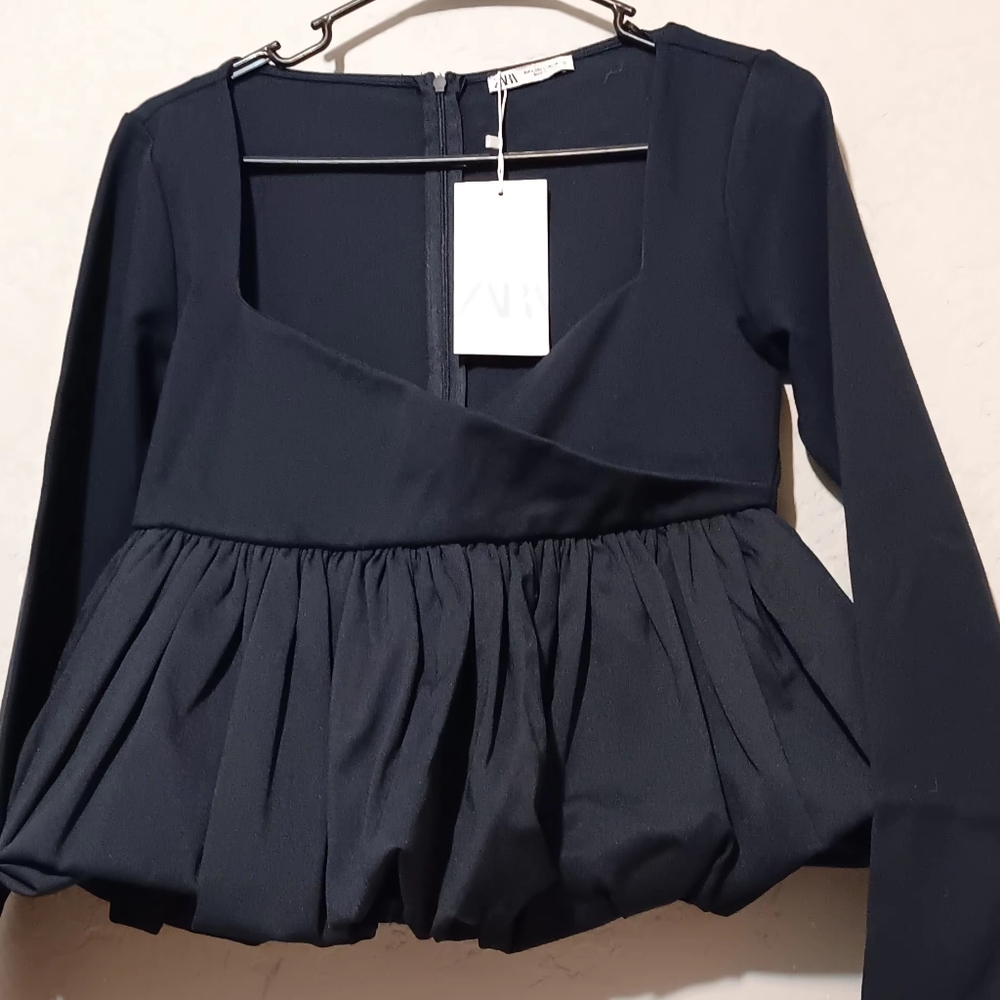 Zara Women Black Top Long Sleeve‎ SzL Navy Black Back Zip - Picture 3 of 16